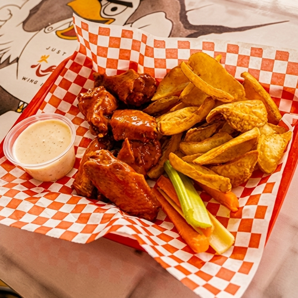 A red basket with checkered paper holds buffalo wings, potato wedges, celery, carrots, and ranch dressing.
