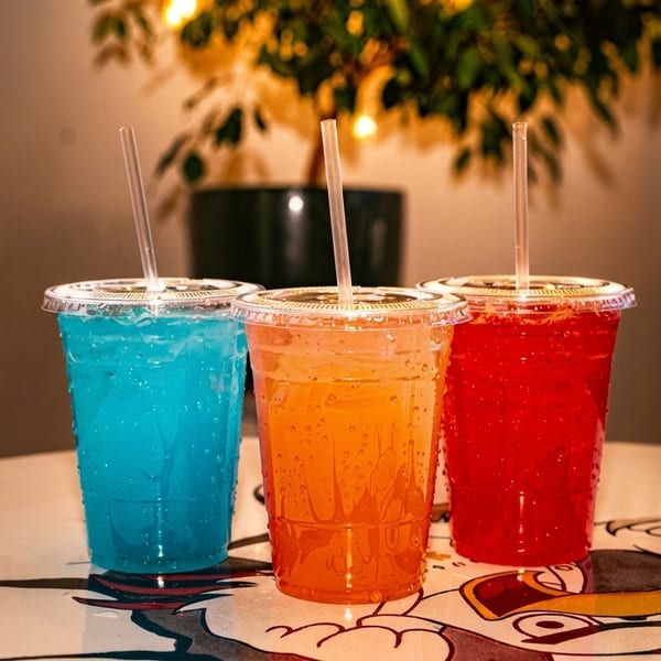 Three colorful drinks in plastic cups with straws, on a table with a cartoon design.